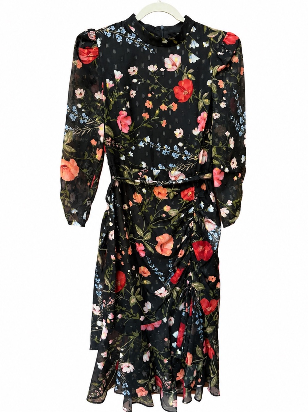 Eliza J Floral Ruched Sleeve Dress Sheer Black Flowers Wrap Like glam chic - Picture 2 of 5